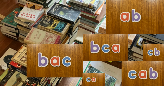 A random collection of images of colourful magnetic letters laid over a picture of stacks of books.